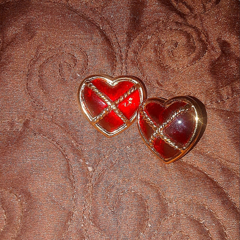 Ivana Signed Gold Color Red Heart Pierced Earrings HTF